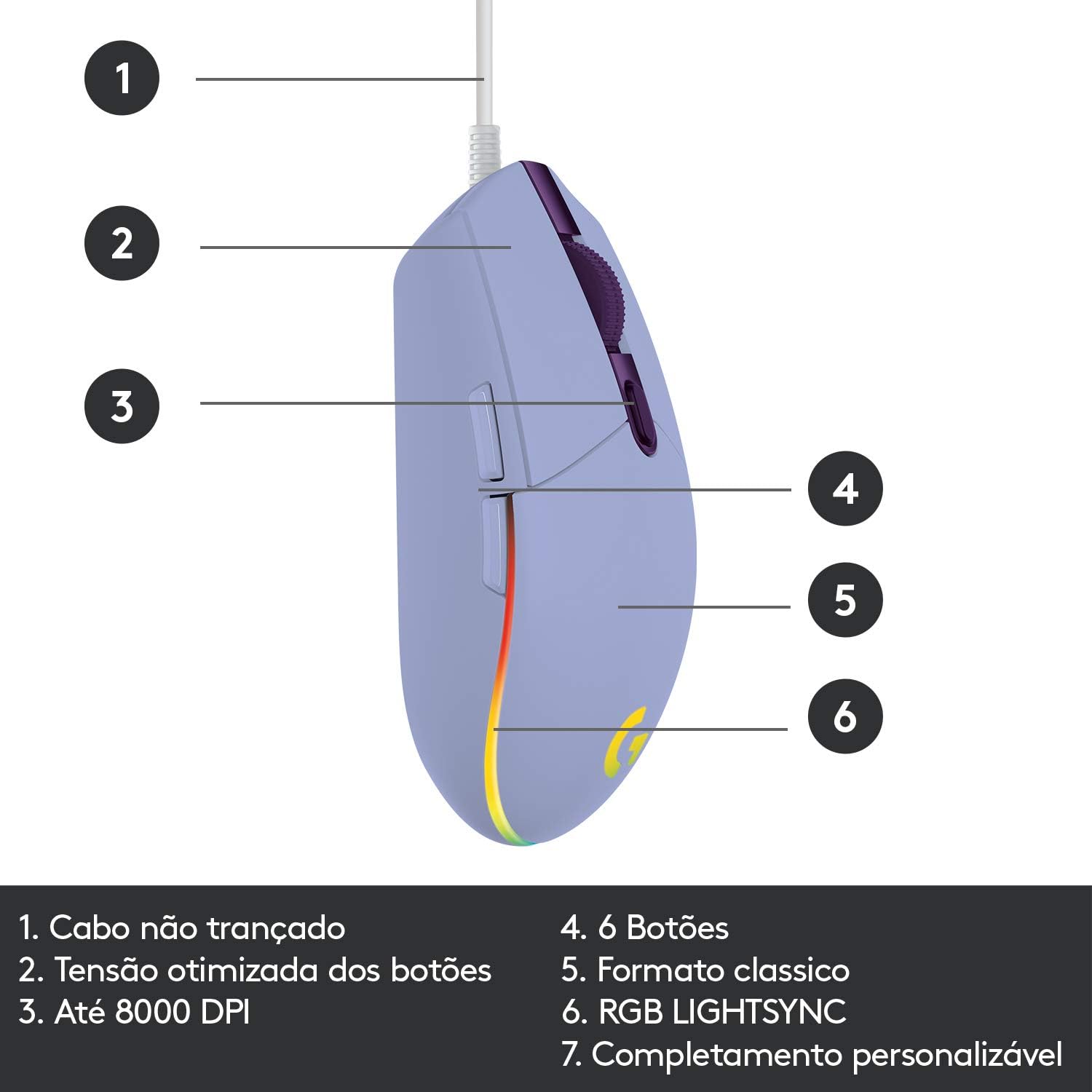 Mouse Logitech g102 lightspeed mouse para jogos com fio (ROXO)
