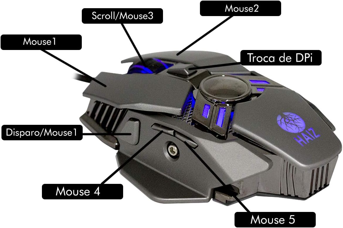 Haiz Mouse Gamer 3200dpi 7 botões Led Rgb Base Metálica HZ-280