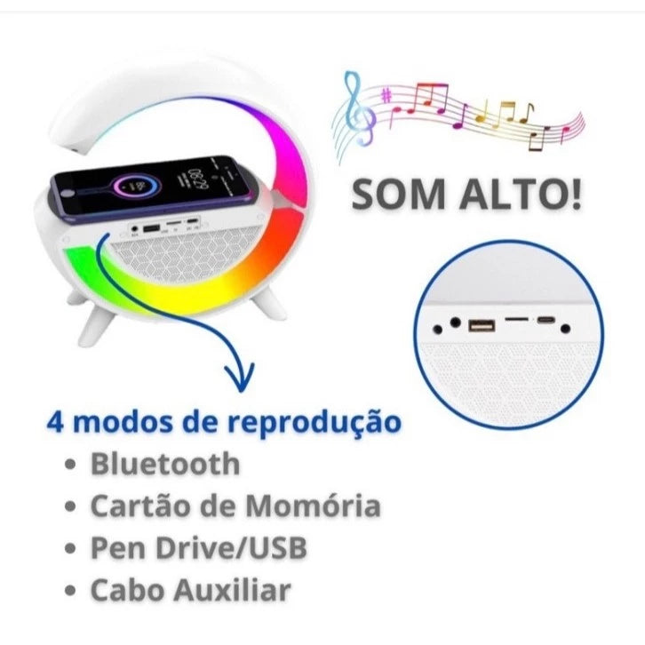 Caixa de Som G-Speaker Luminária Bluetooth Carregador Grande (COM RELOGIO) 8423