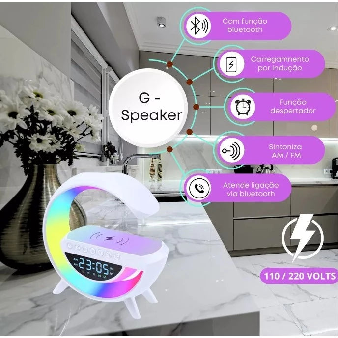 Caixa de Som G-Speaker Luminária Bluetooth Carregador Grande (COM RELOGIO) 8423