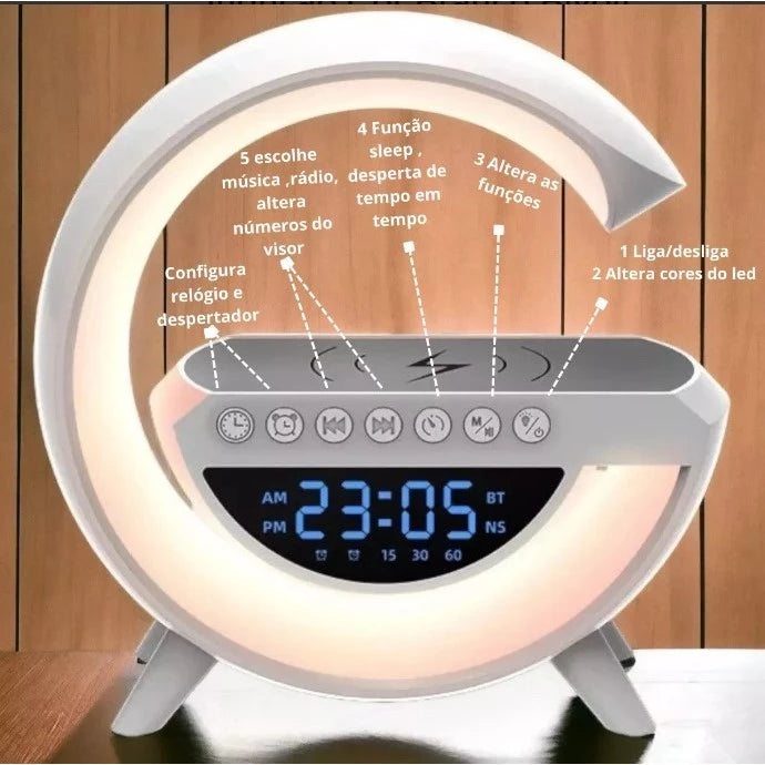 Caixa de Som G-Speaker Luminária Bluetooth Carregador Grande (COM RELOGIO) 8423