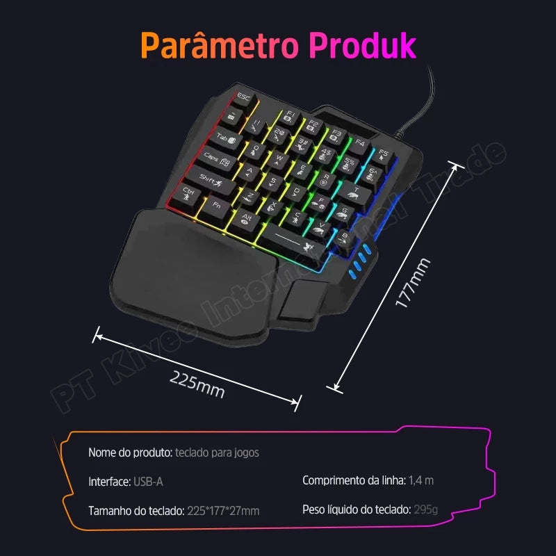 Teclado com uma mão Teclado luminoso RGB para jogos Teclado com design ergonômico
