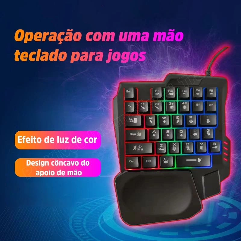 Teclado com uma mão Teclado luminoso RGB para jogos Teclado com design ergonômico