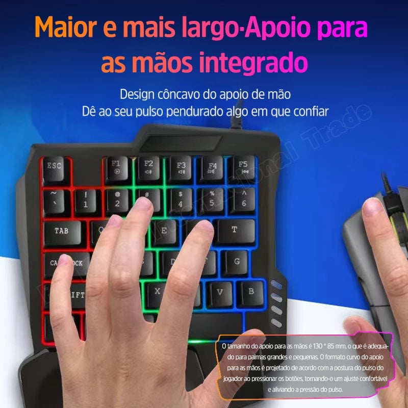 Teclado com uma mão Teclado luminoso RGB para jogos Teclado com design ergonômico