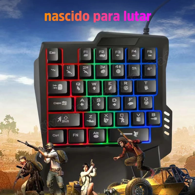 Teclado com uma mão Teclado luminoso RGB para jogos Teclado com design ergonômico