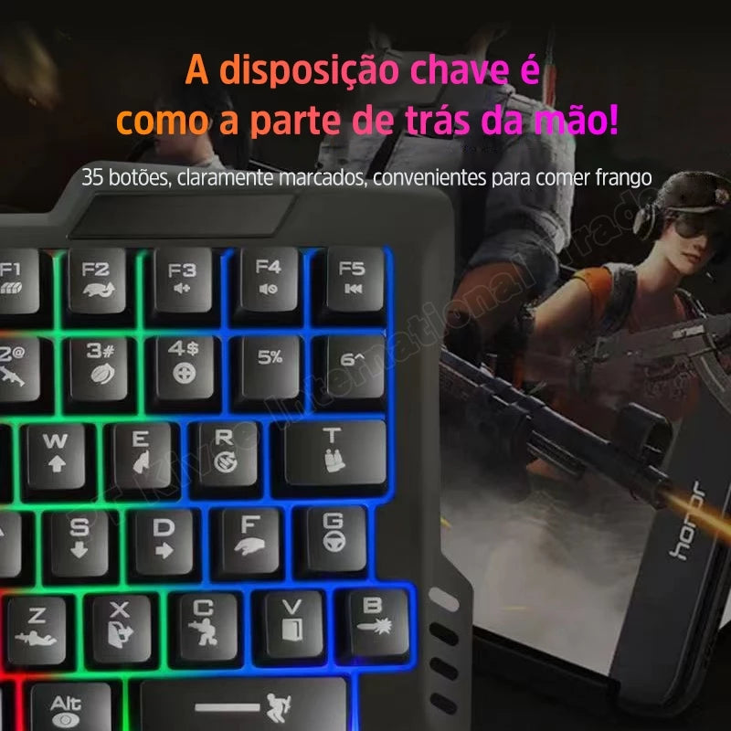 Teclado com uma mão Teclado luminoso RGB para jogos Teclado com design ergonômico