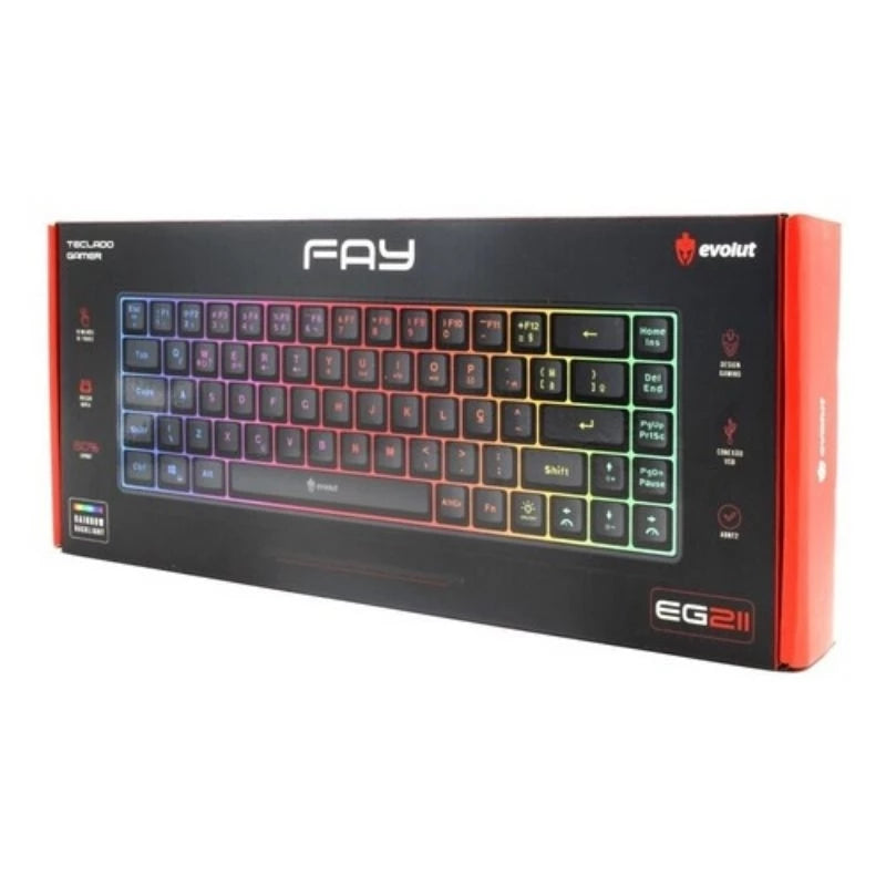 TECLADO GAMER MEMBRANA FAY PRETO LED RAINBOW 60% COM FIO - EVOLUT GAMER