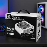 Fonte ATX 400W Reforçada Branca Bivolt Manual Silenciosa Cooler 120mm P/ PC Intel AMD Gamer