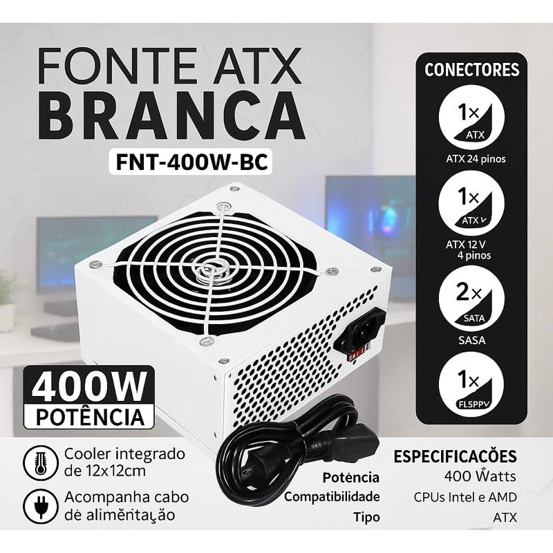 Fonte ATX 400W Reforçada Branca Bivolt Manual Silenciosa Cooler 120mm P/ PC Intel AMD Gamer