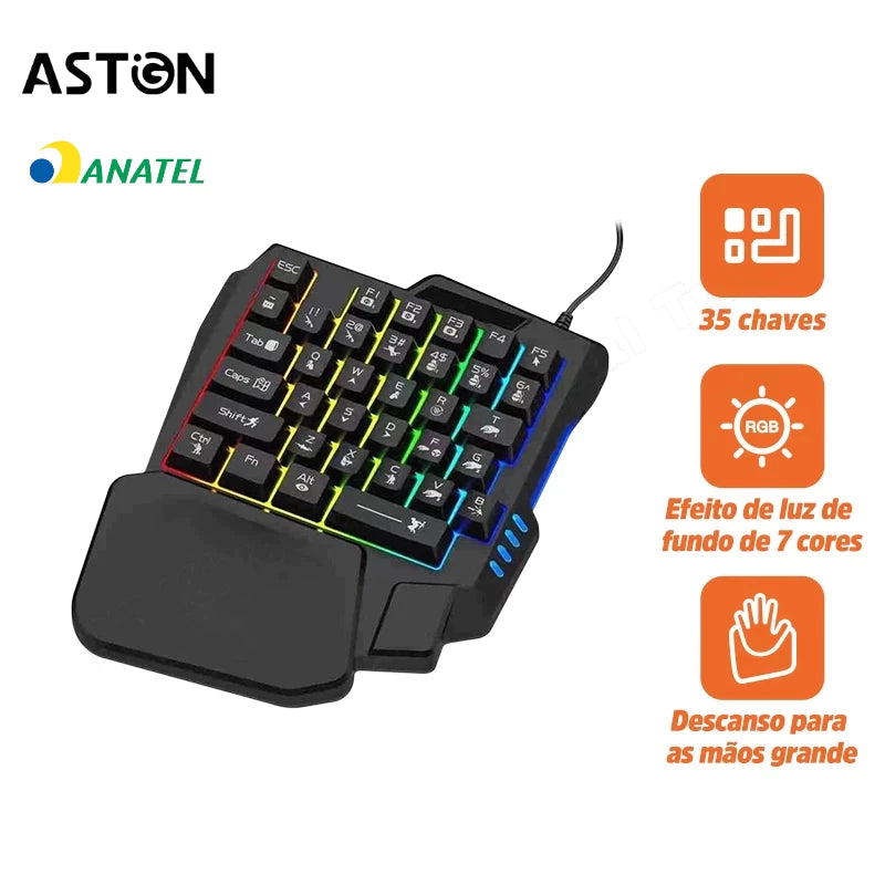 Teclado com uma mão Teclado luminoso RGB para jogos Teclado com design ergonômico
