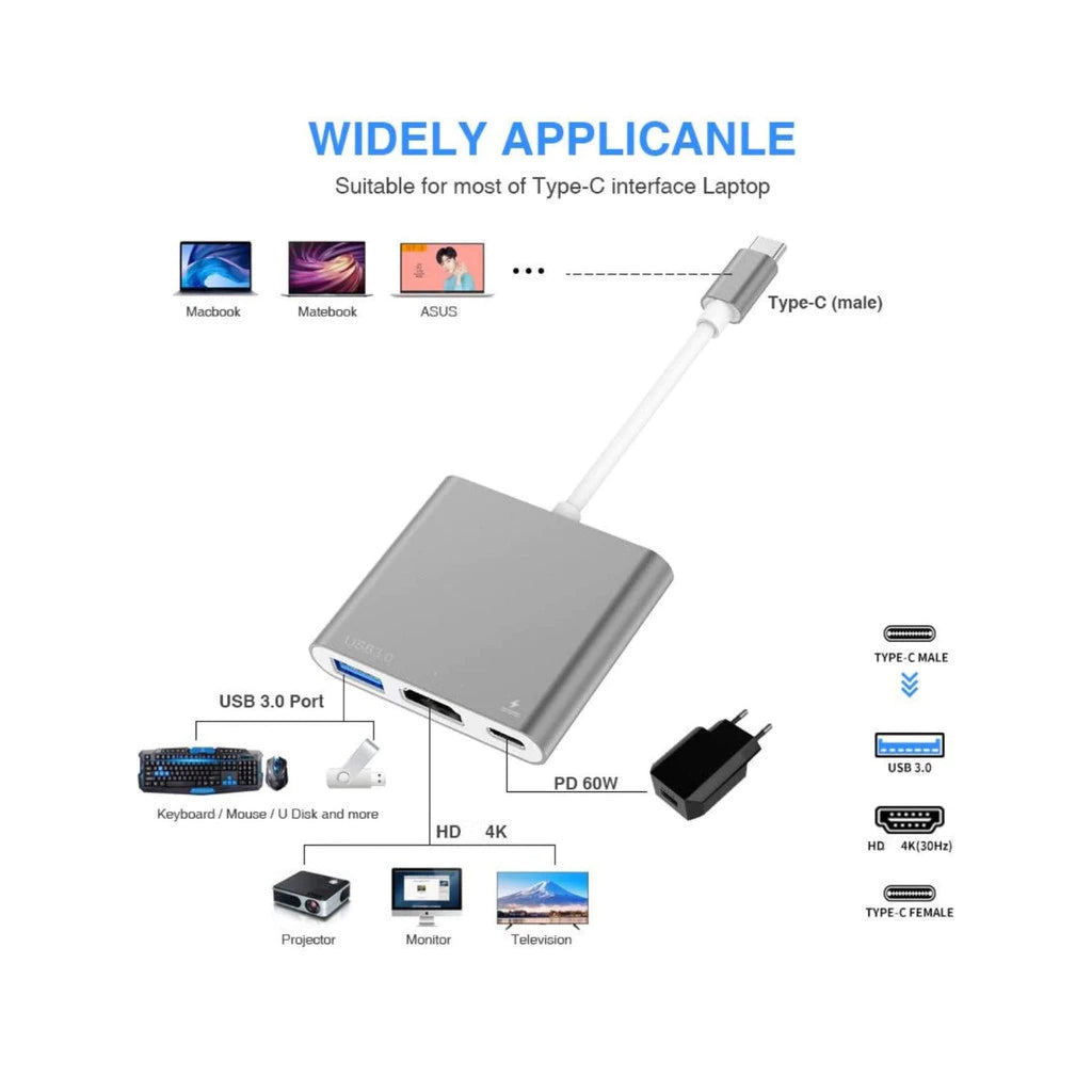 Adaptador de interface multimídia Battony USB C para HD com saída 4K, porta USB C,